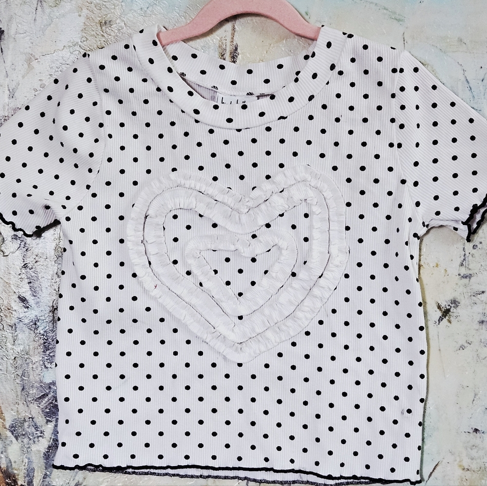 Nicole Miller NY Girls Ribbed Knit Tee-Polka Dot Ruffled Heart Cropped Top Sz 10